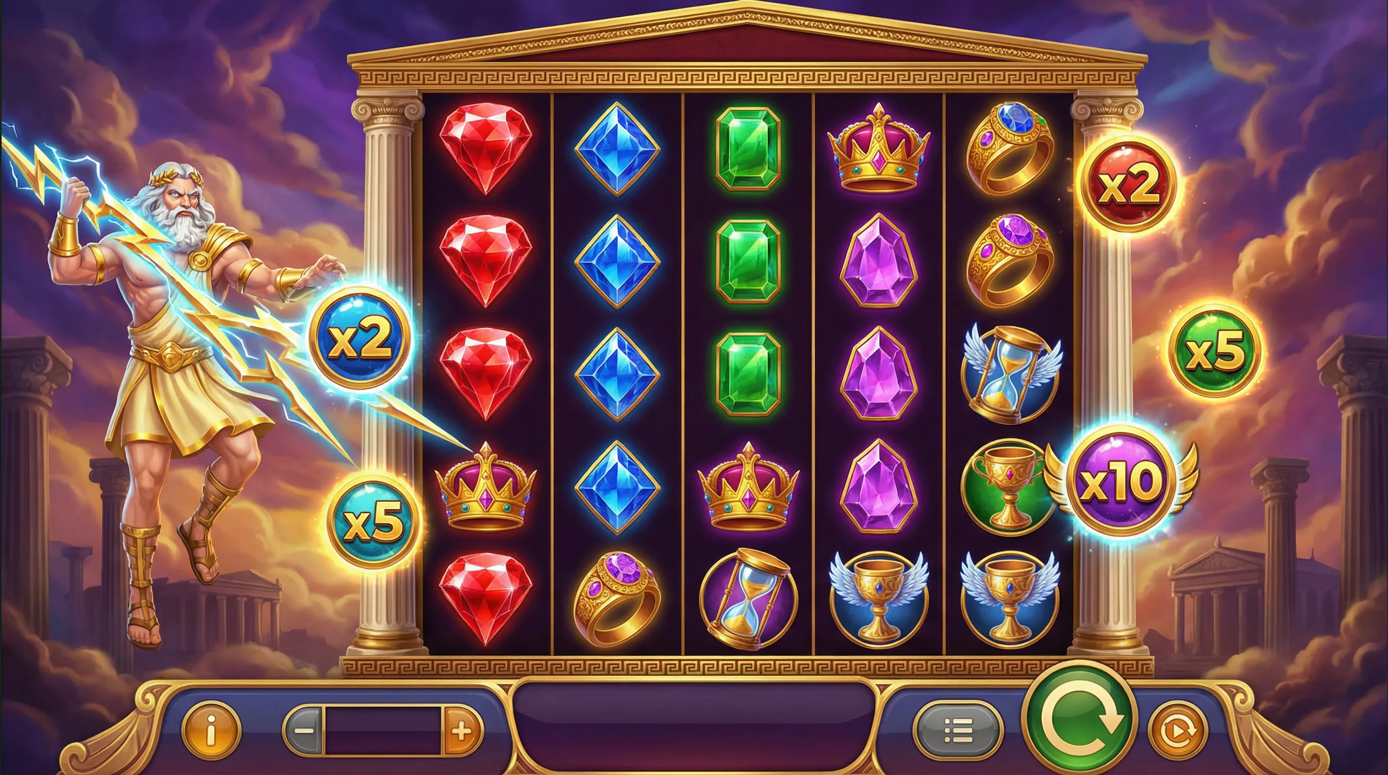 Caça-níqueis estilo Gates of Olympus com gemas coloridas